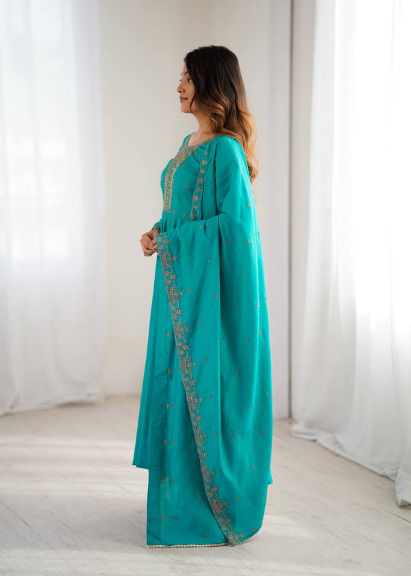 Swity Trending Rama Pure Roman Chanderi Silk Anarkali Gown