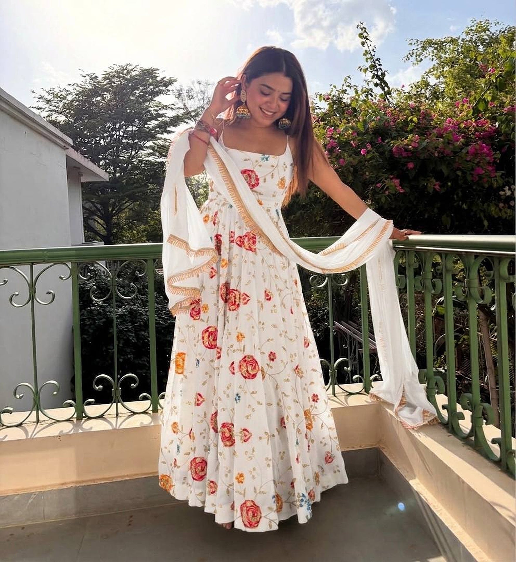 White Premium Anarkali Gown with Elegant Dupatta Set