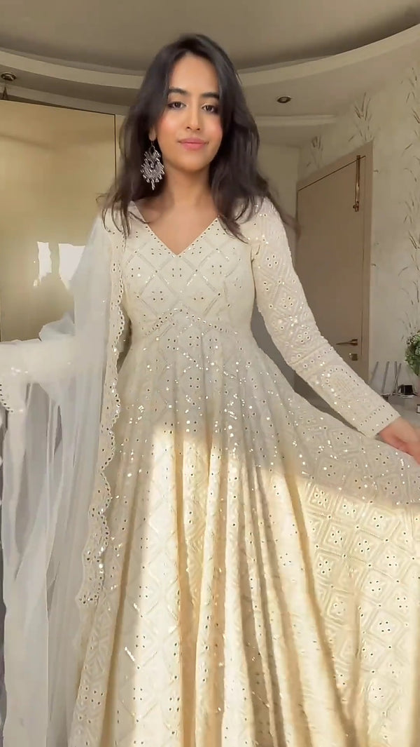 Lakhnawi Embroidered Georgette Anarkali Fully Stitched Suit Set