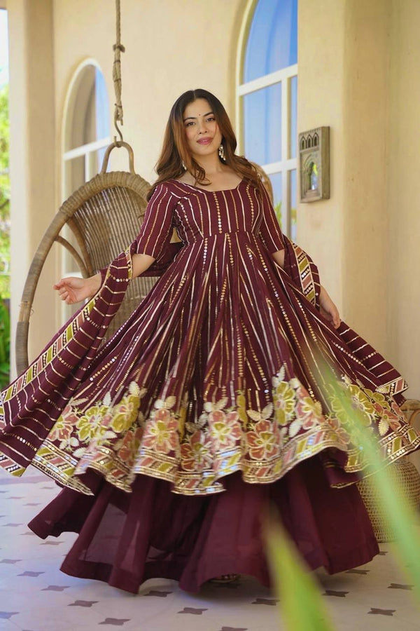 Diya Wine Floral Embroidered Anarkali Suit Set with Dupatta