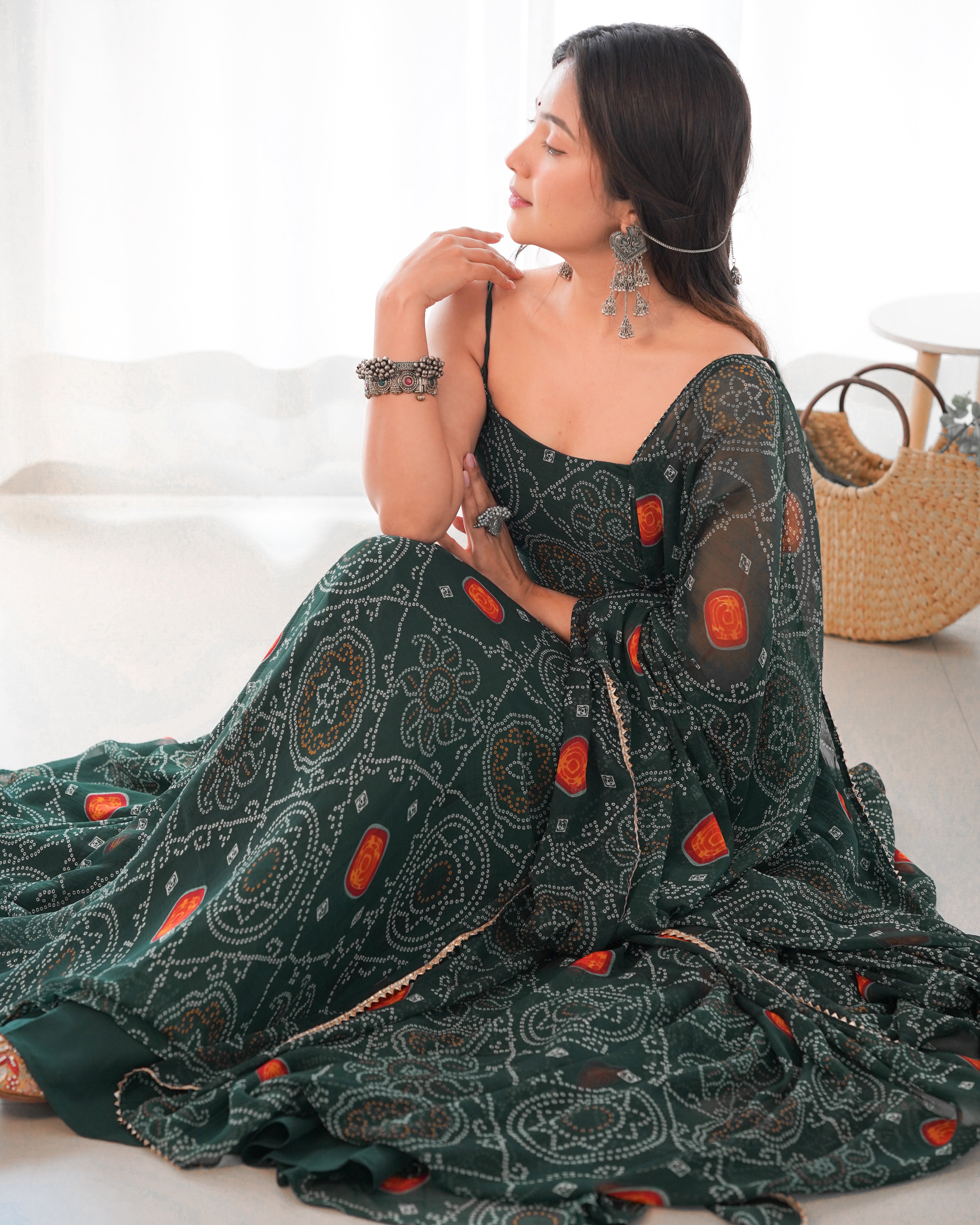 Lizza Green Bandhani Floral Pure Chiffon Anarkali Gown