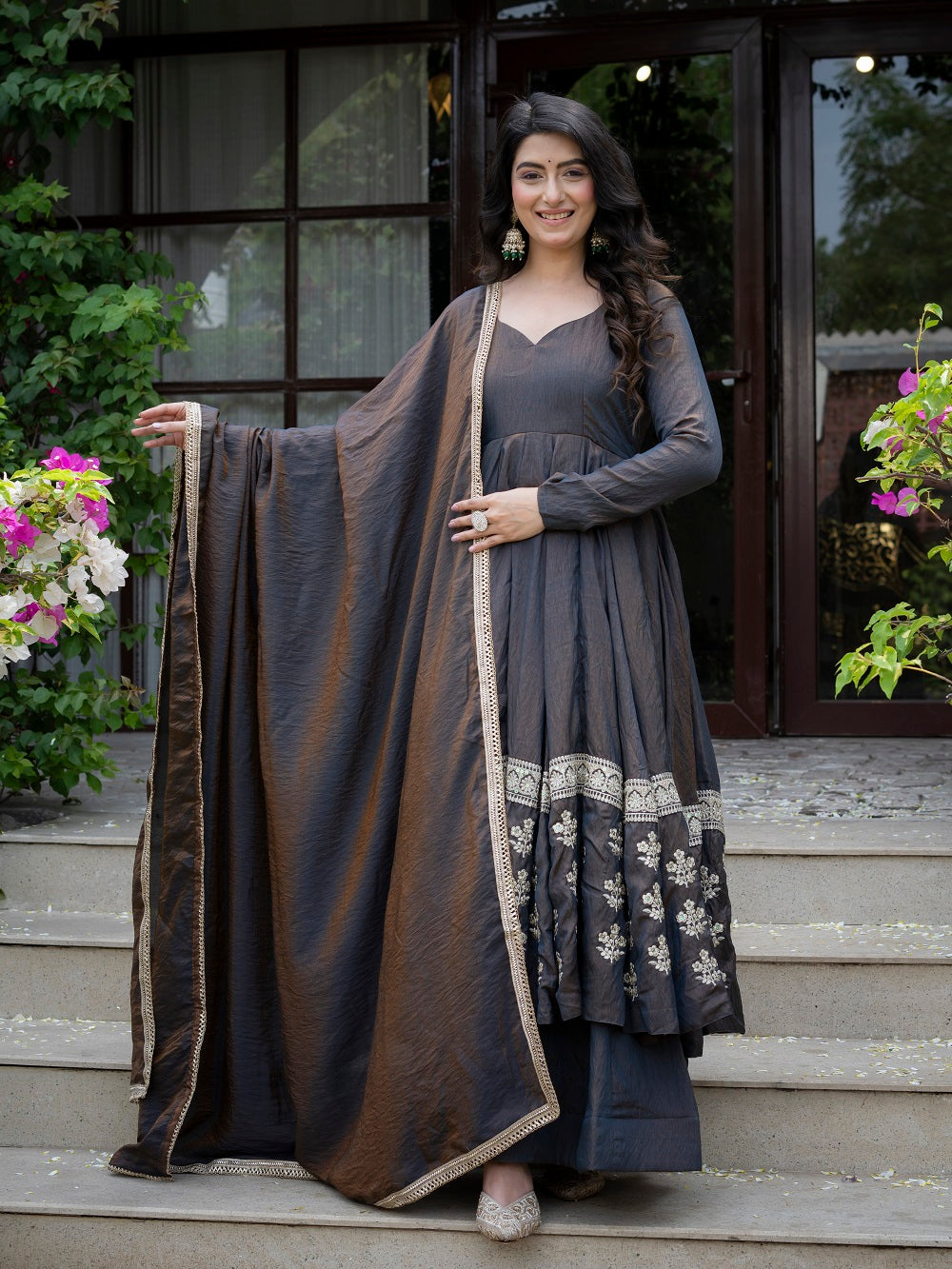 Elegant Charcoal Embroidered Anarkali Suit Set with Dupatta