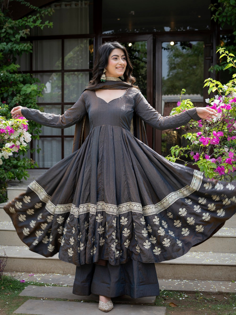 Elegant Charcoal Embroidered Anarkali Suit Set with Dupatta