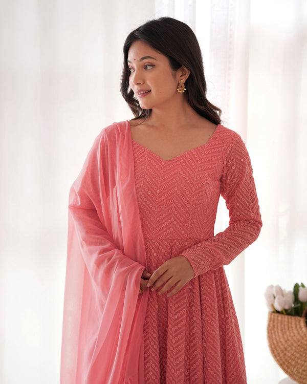 Peach Embroidery Heavy Fox Georgette Anarkali Gown