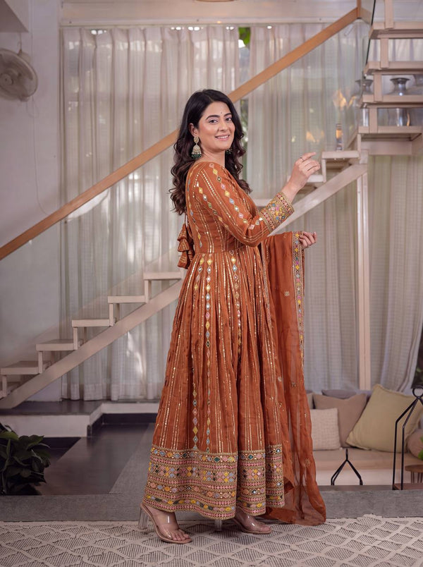 Rust Brown Designer Anarkali Suit with Mirror Work & Dupatta
