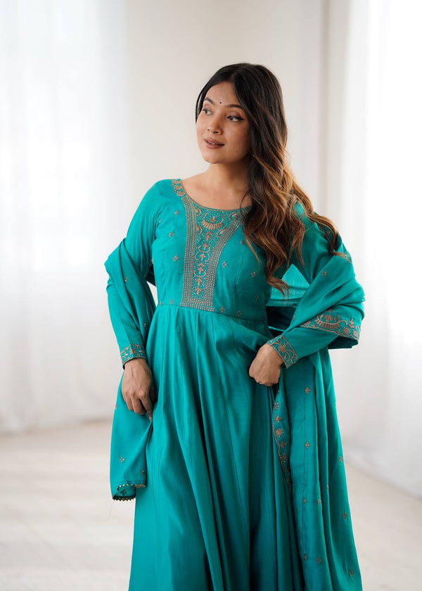 Swity Trending Rama Pure Roman Chanderi Silk Anarkali Gown