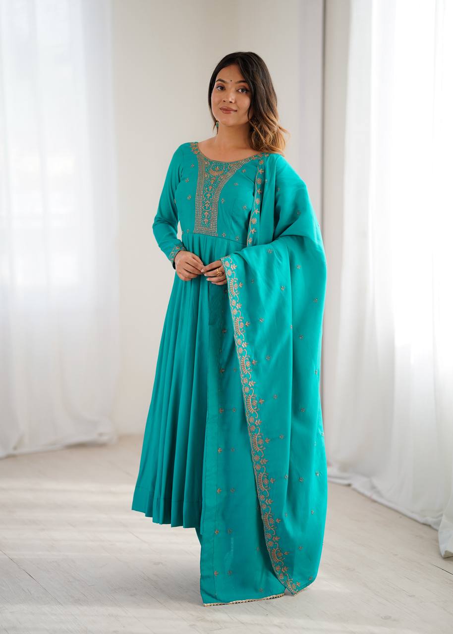 Swity Trending Rama Pure Roman Chanderi Silk Anarkali Gown