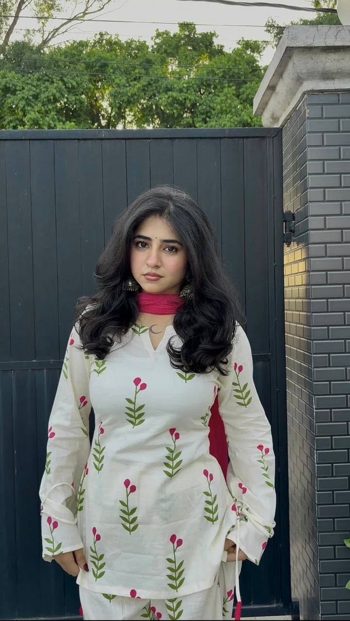 Ivory Floral Kurta Palazzo Set with Olive Green Dupatta