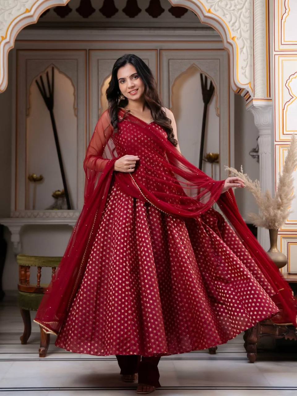 Sunshine Maroon Jacquard Anarkali Suit Set with Dupatta