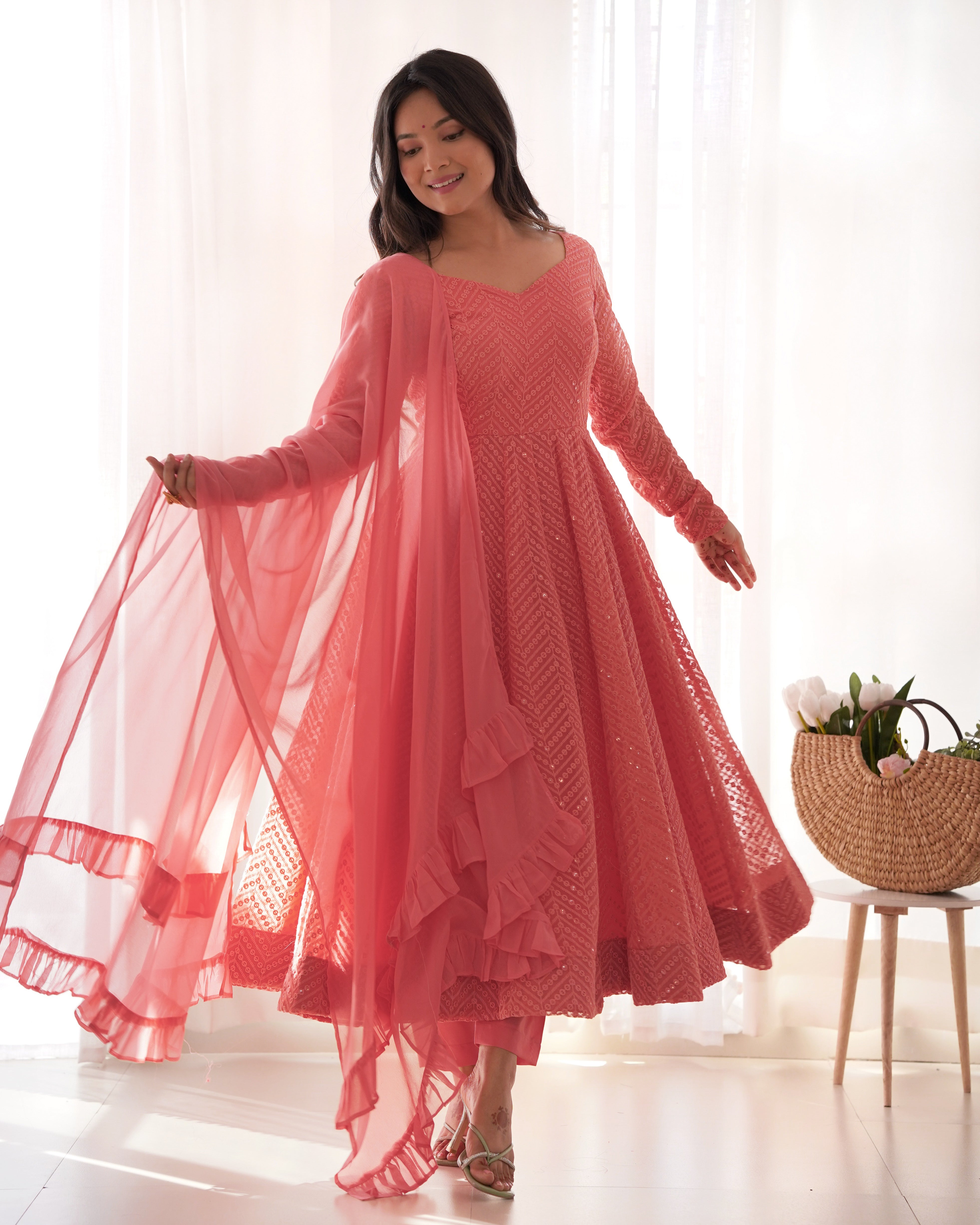 Peach Embroidery Heavy Fox Georgette Anarkali Gown