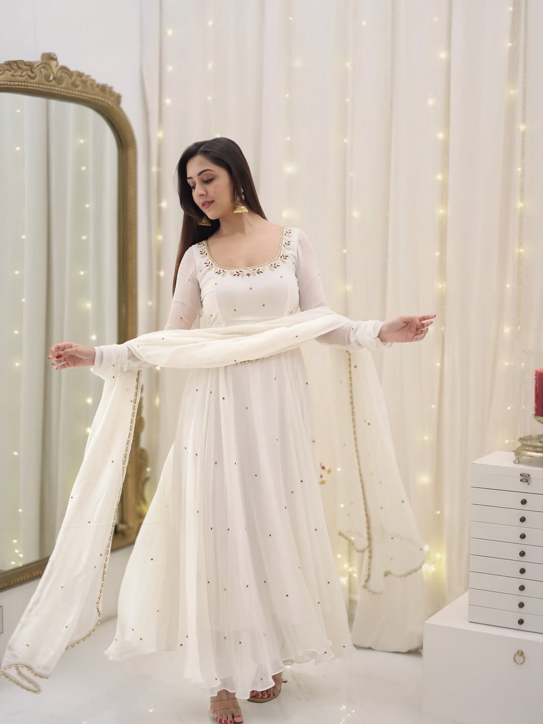 Bindiya White Faux Georgette Embroidered Suit Set
