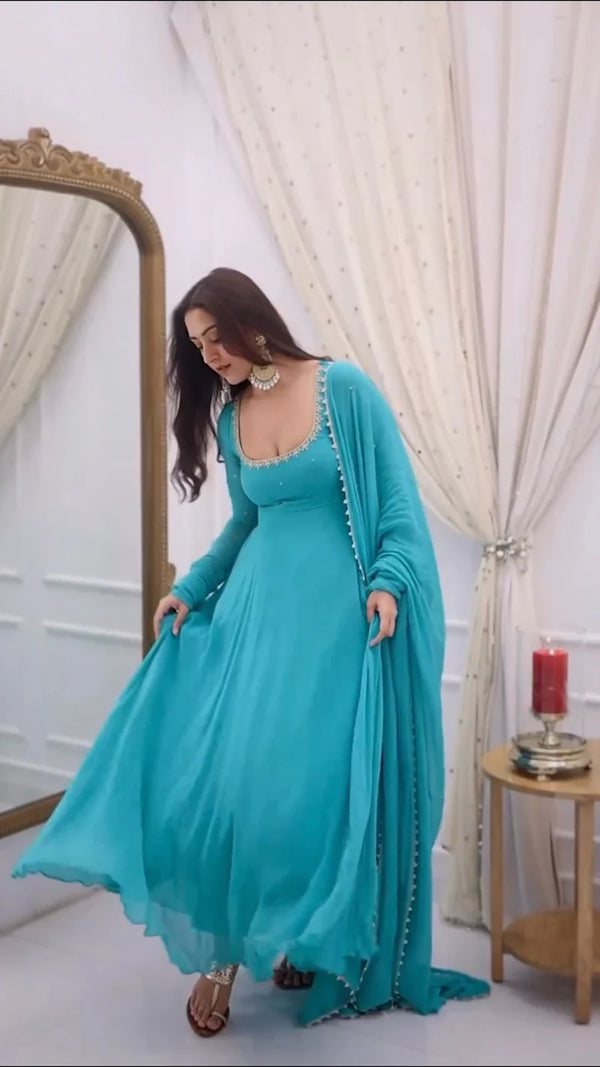 Blue Bindiya Faux Georgette Embroidered Suit Set