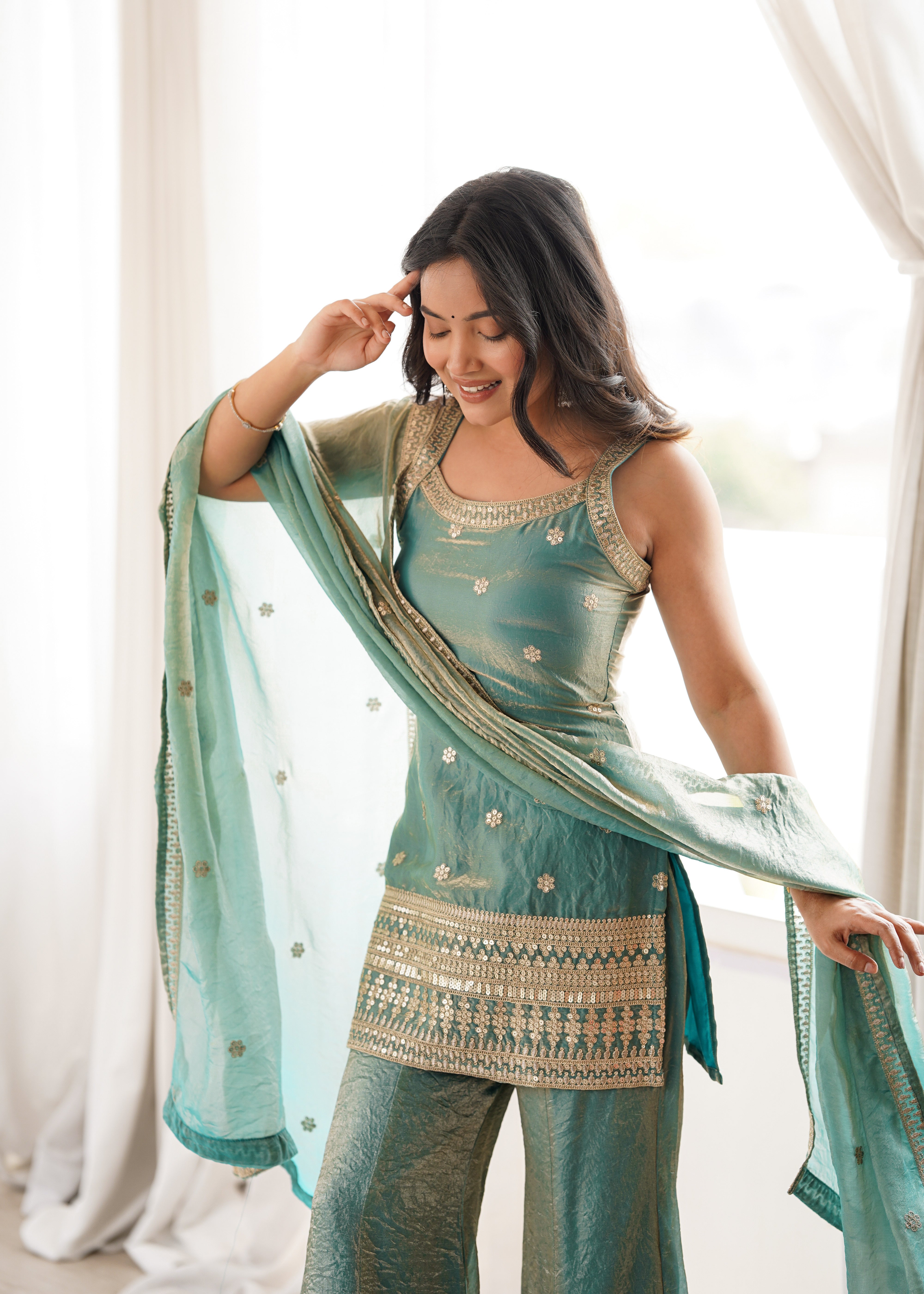 Aafreen Pink and Green Embroidered Kurta Sharara Set with Dupatta