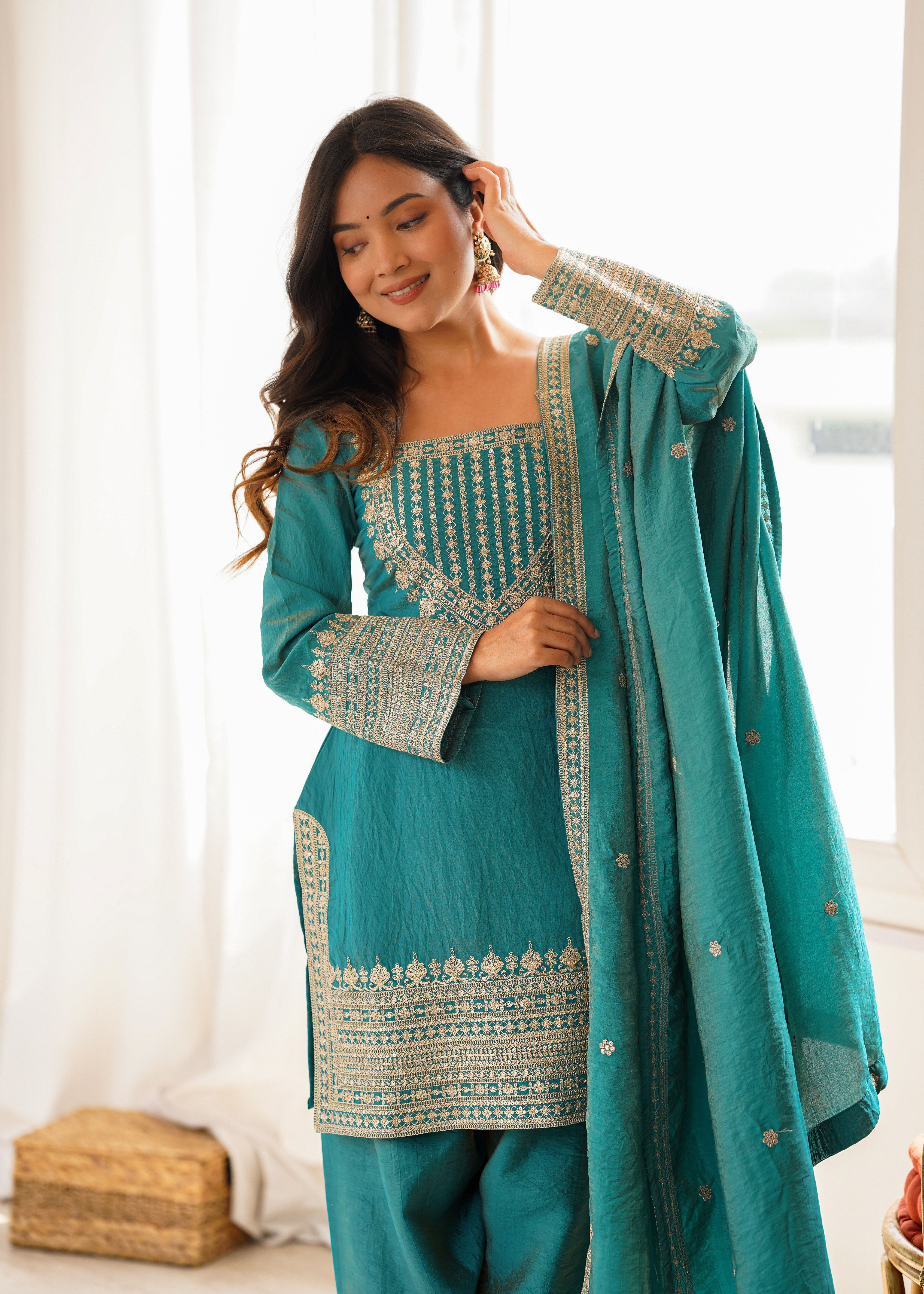 Traditional Sage Embroidered Punjabi Suit Set