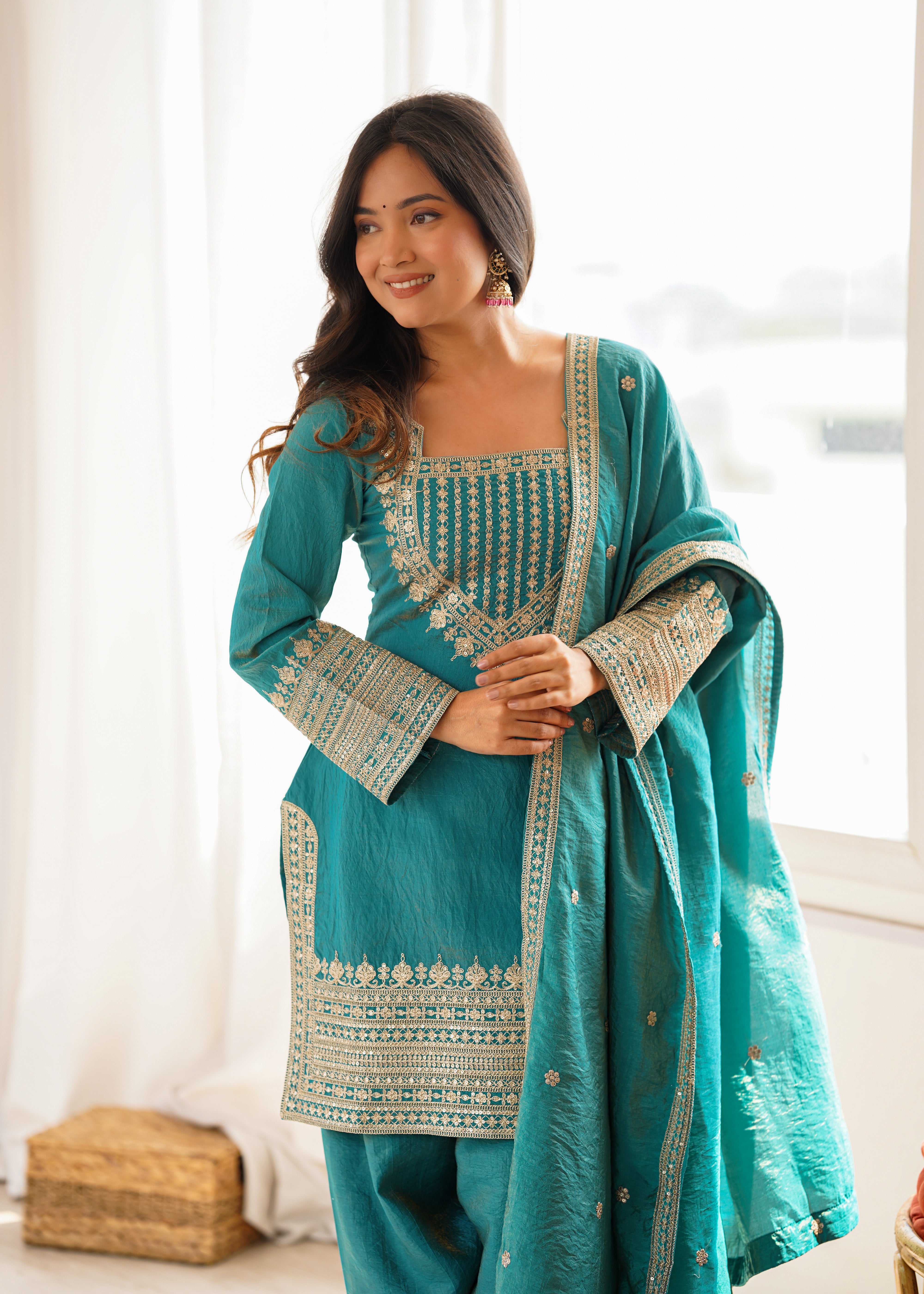 Traditional Sage Embroidered Punjabi Suit Set
