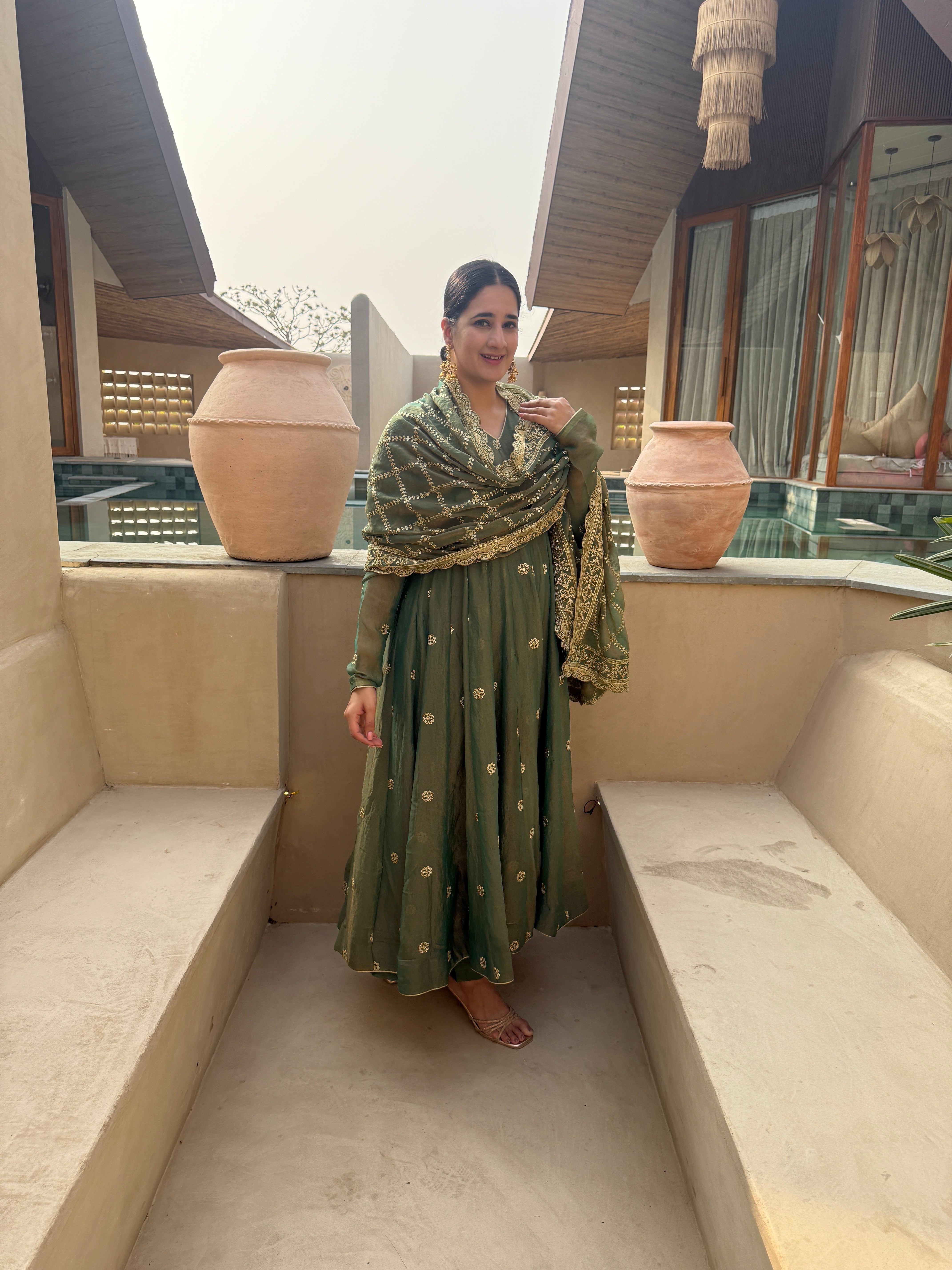 Niva Elegant Olive Green Designer Anarkali Suit Set