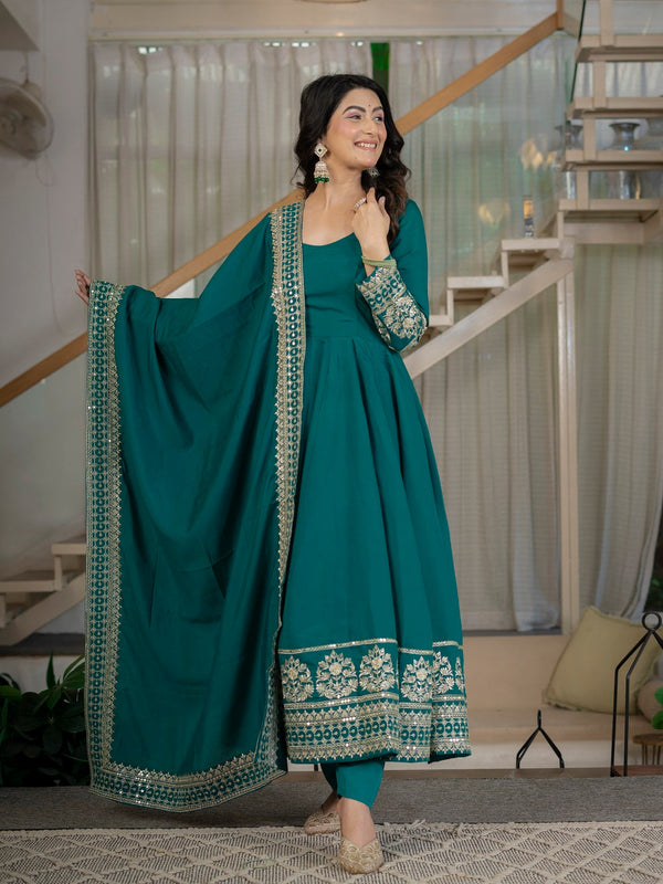 Traditional Rama Anarkali Gown with Heavy Embroidery