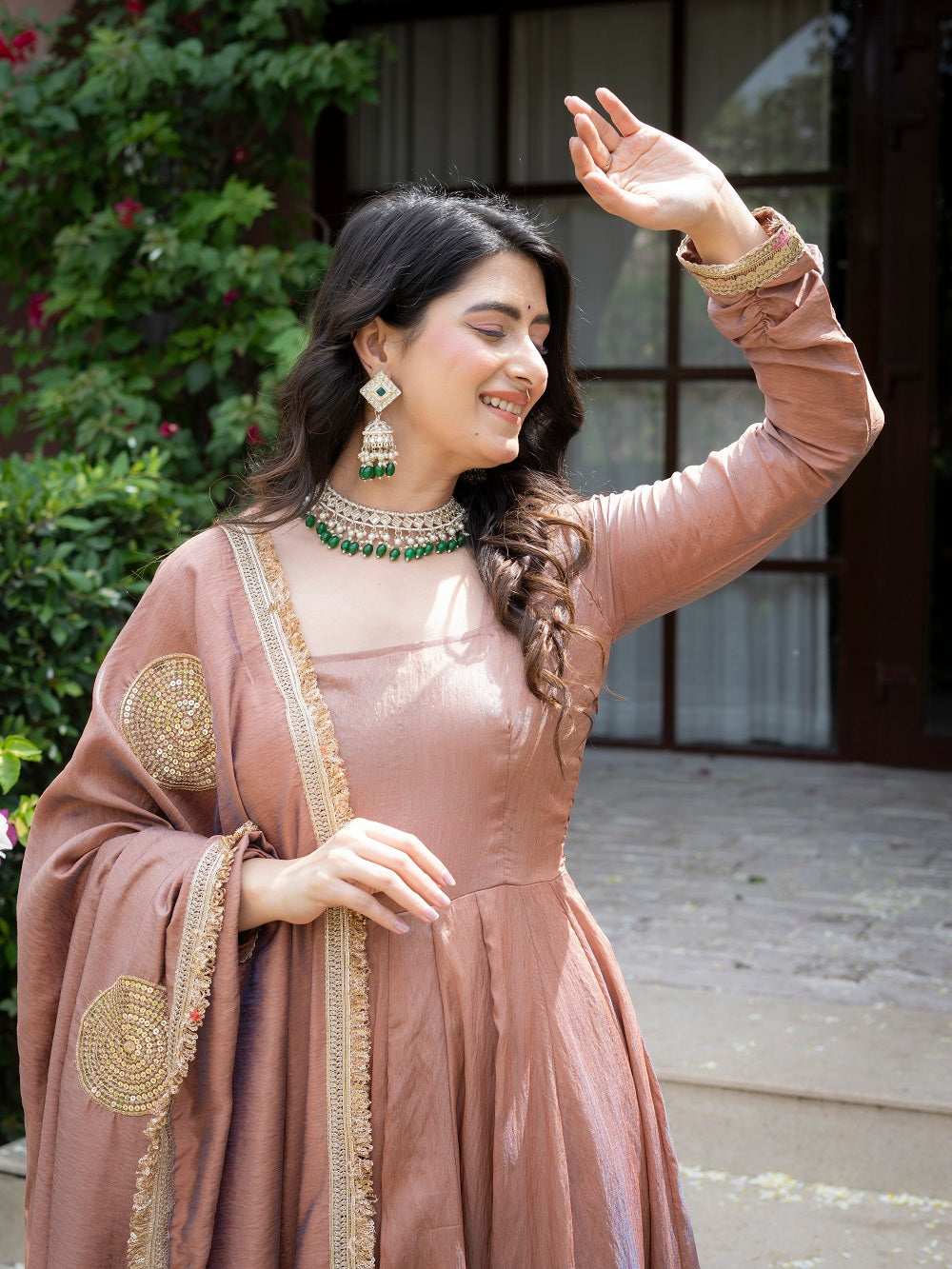 Jiya Premium Blush Brown Anarkali with Golden Border Dupatta