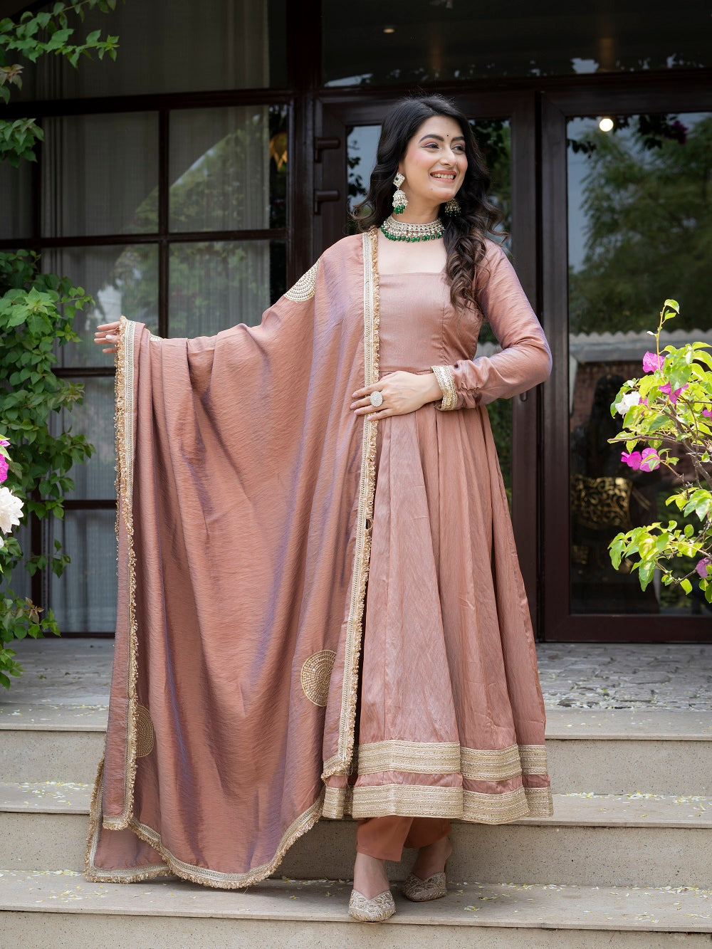 Jiya Premium Blush Brown Anarkali with Golden Border Dupatta
