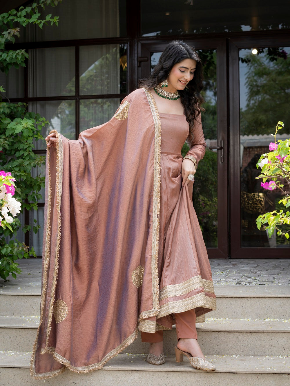 Jiya Premium Blush Brown Anarkali with Golden Border Dupatta