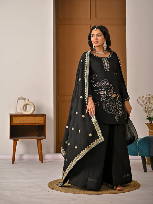 Black Colored Real Heavy Sharara Suit Set