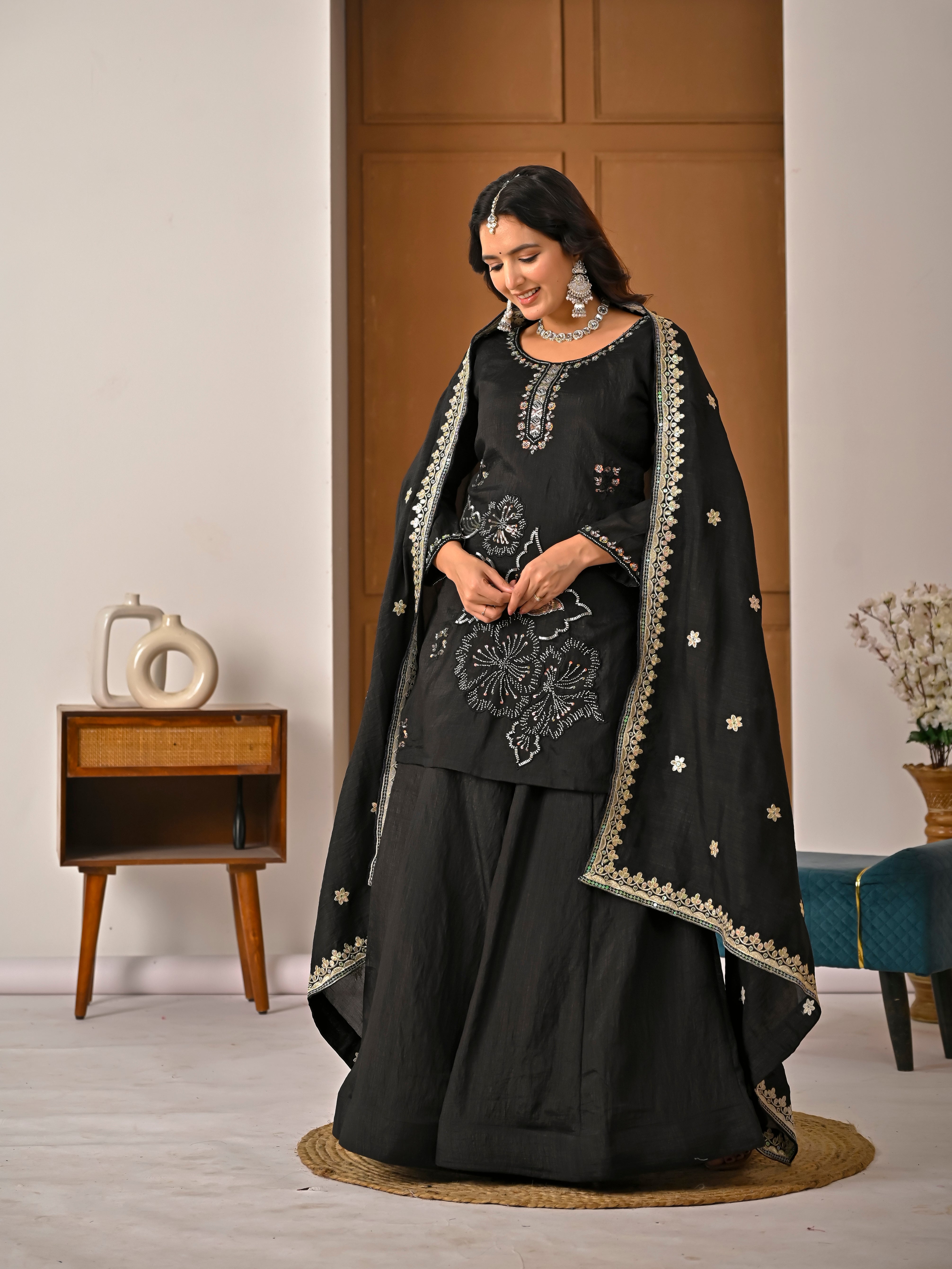 Black Colored Real Heavy Sharara Suit Set