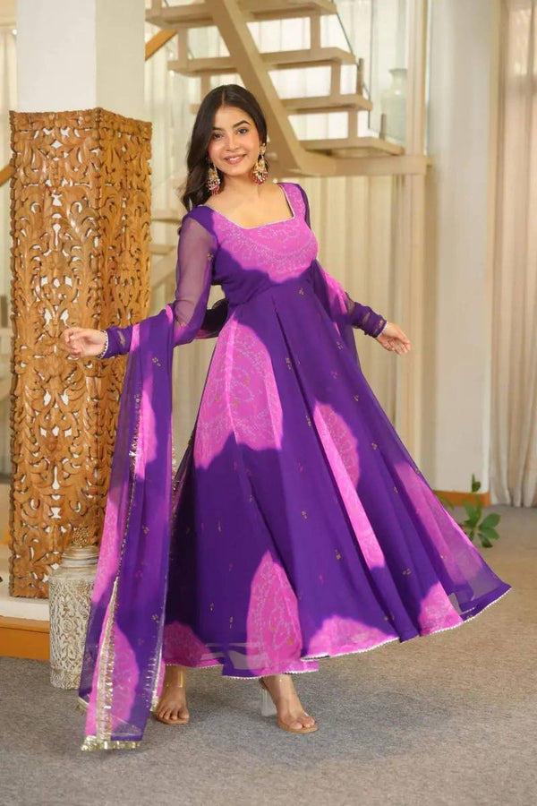 Graceful Purple And Orange Flared Ethnic Suit Set