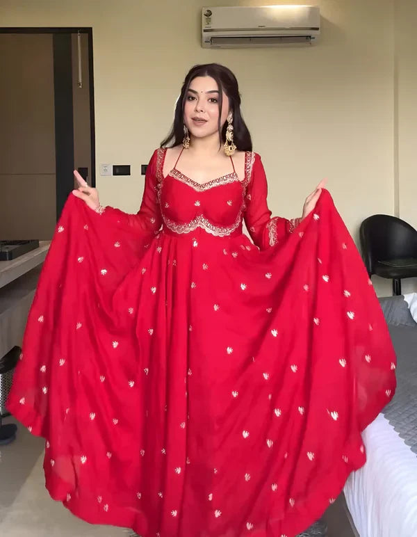 Red Chilli Slit Anarkali Premium Suit Set