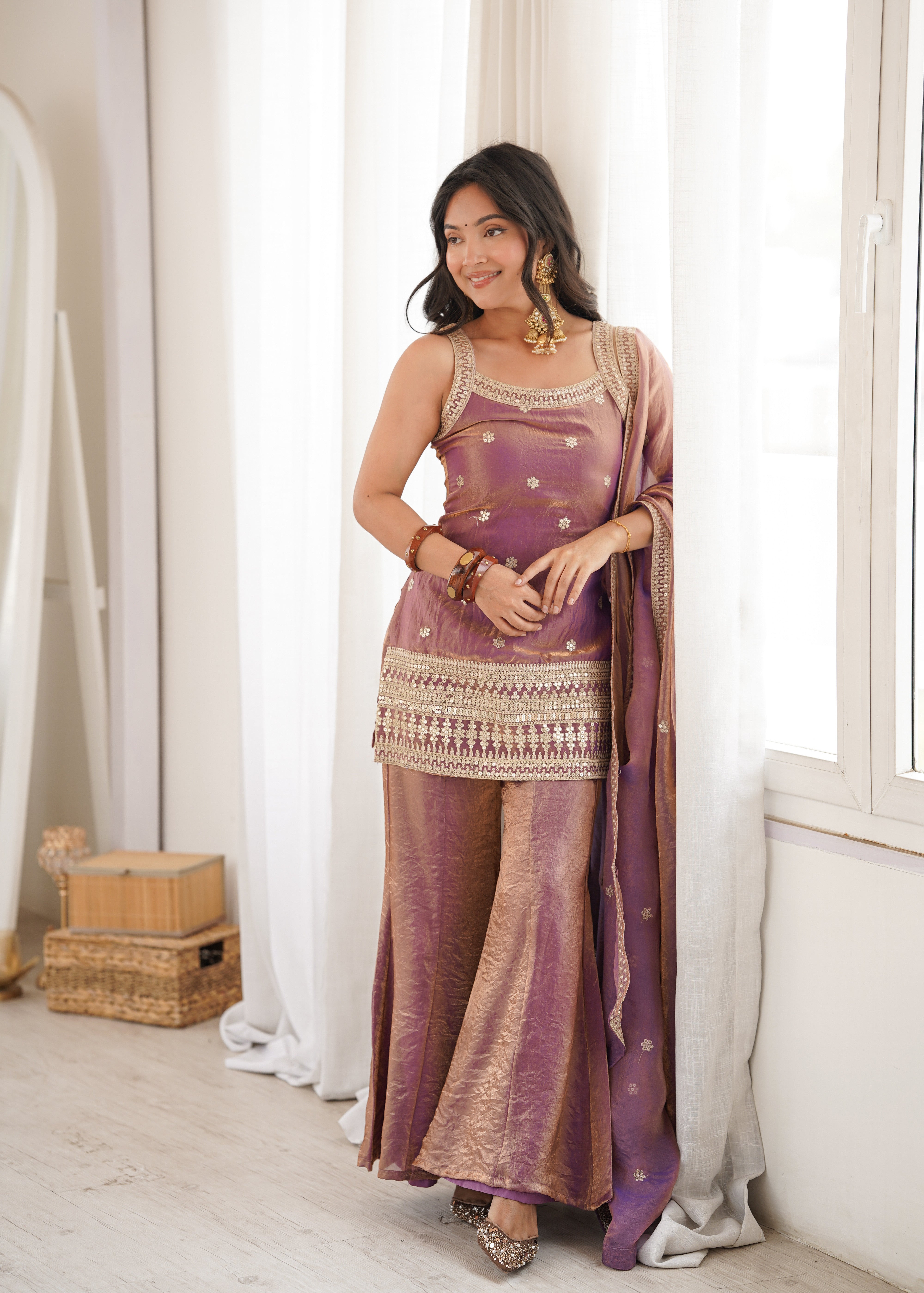 Aafreen Pink and Green Embroidered Kurta Sharara Set with Dupatta