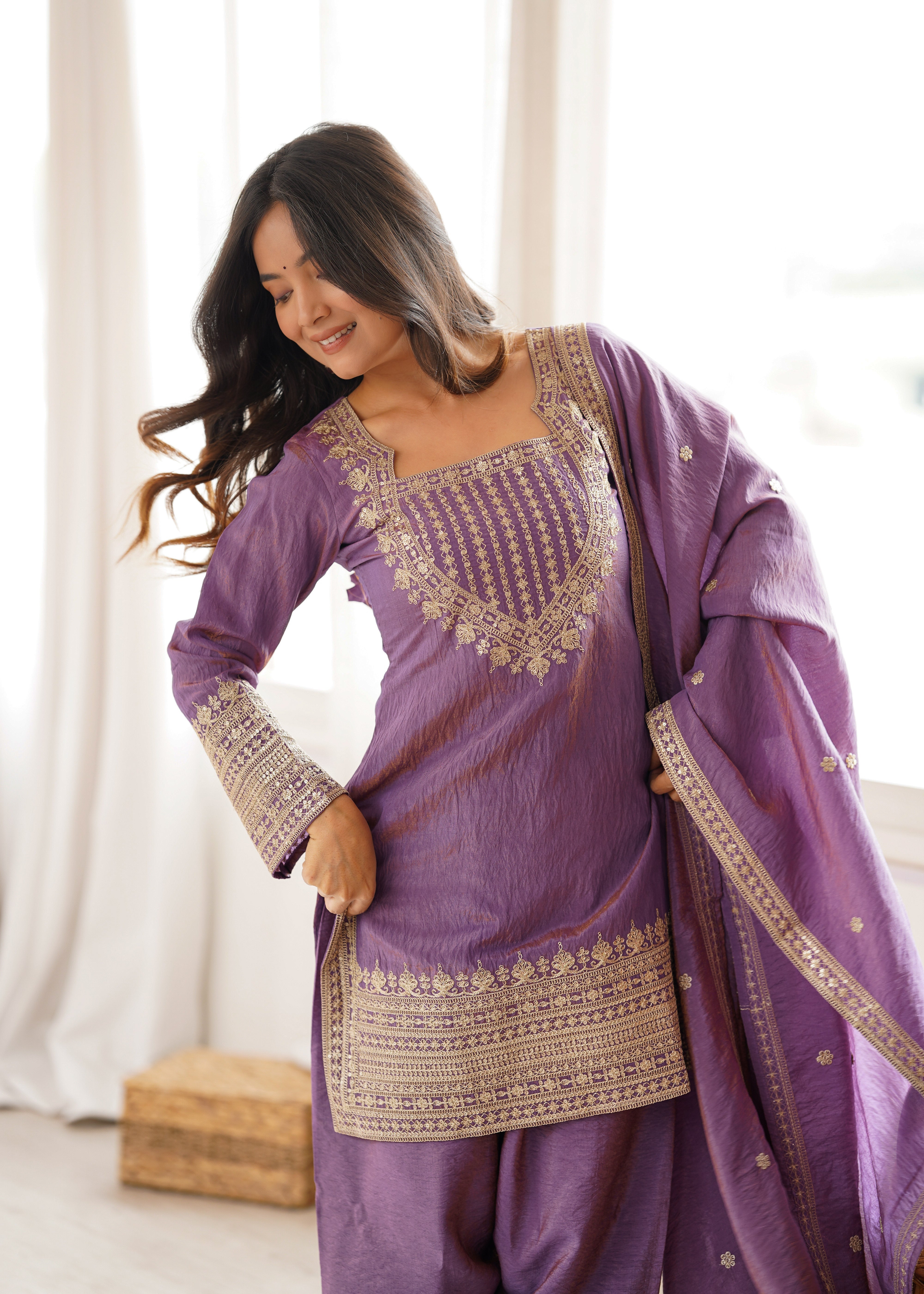 Traditional Sage Embroidered Punjabi Suit Set