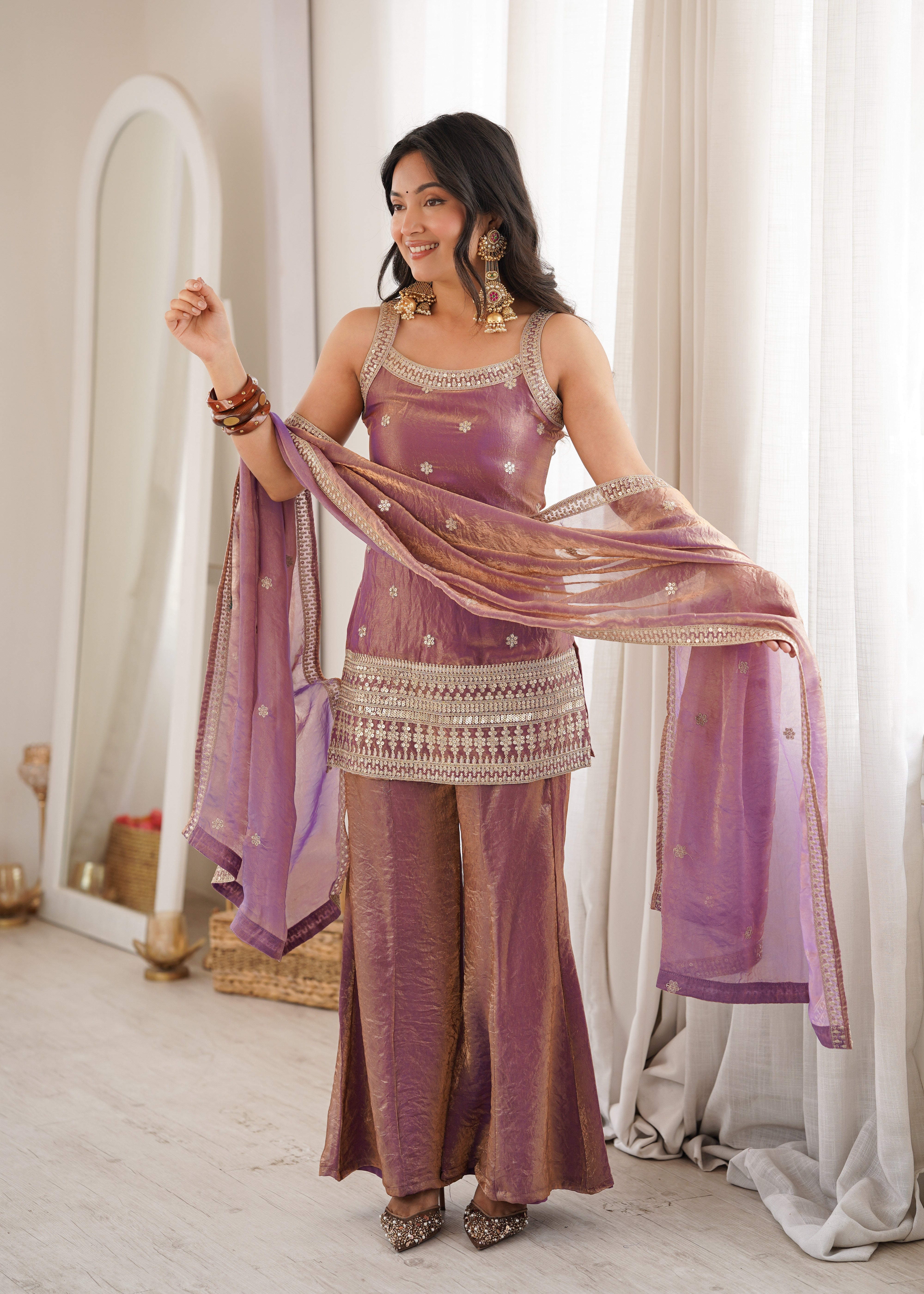 Aafreen Pink and Green Embroidered Kurta Sharara Set with Dupatta