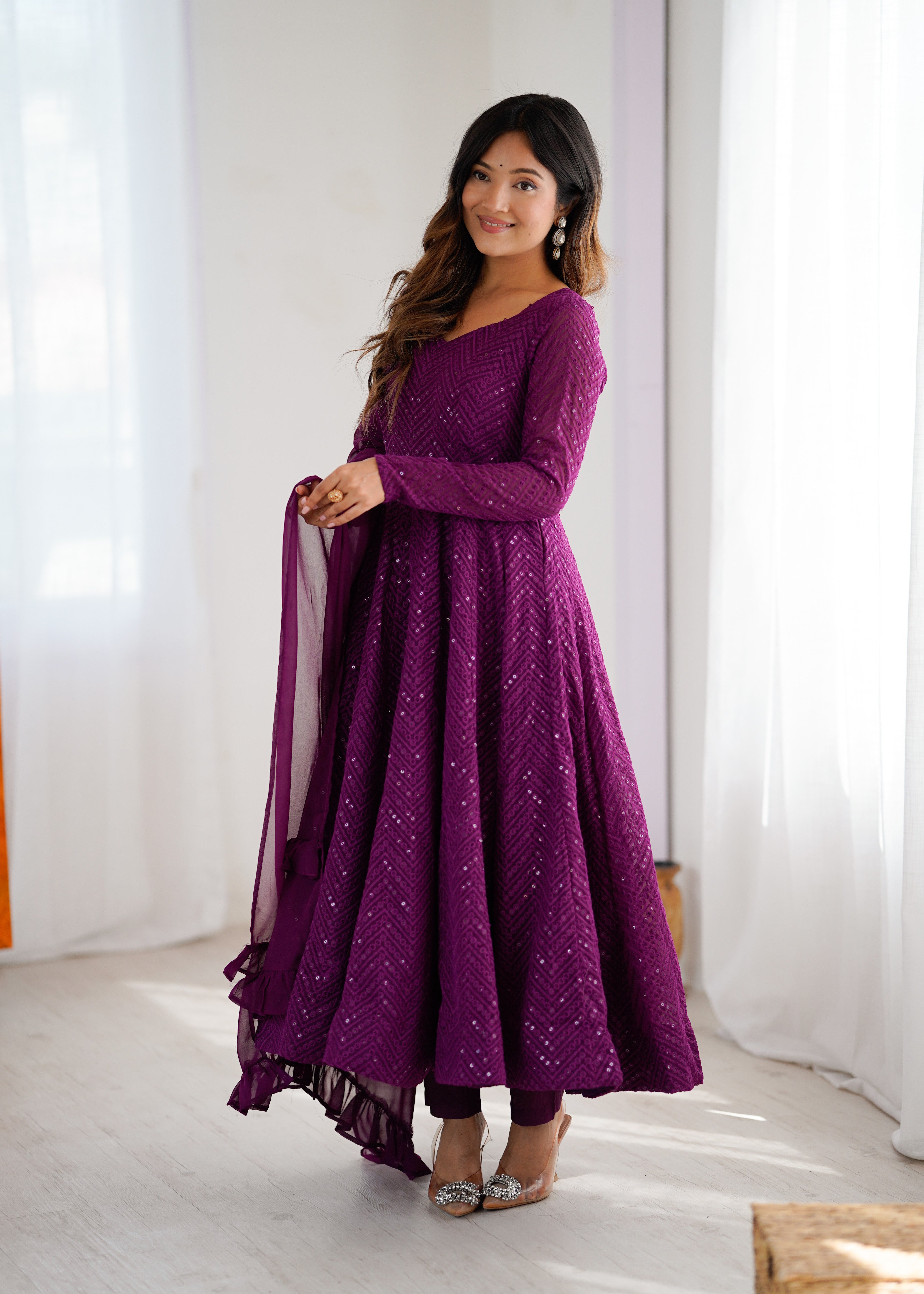 Wine Embroidery Heavy Fox Georgette Anarkali Gown