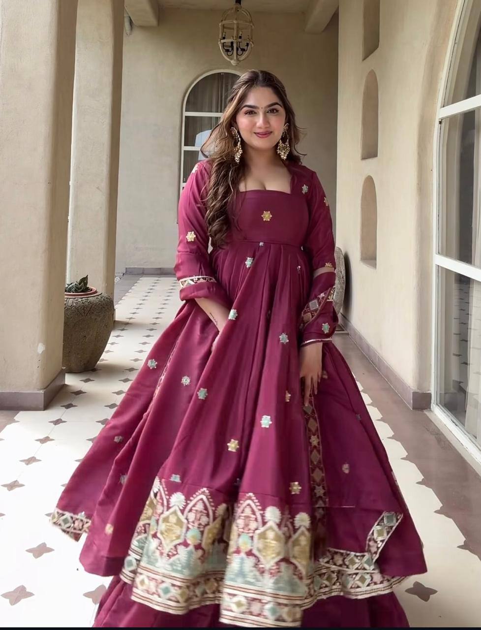 Meera Wine Embroidered Anarkali Suit Set with Dupatta