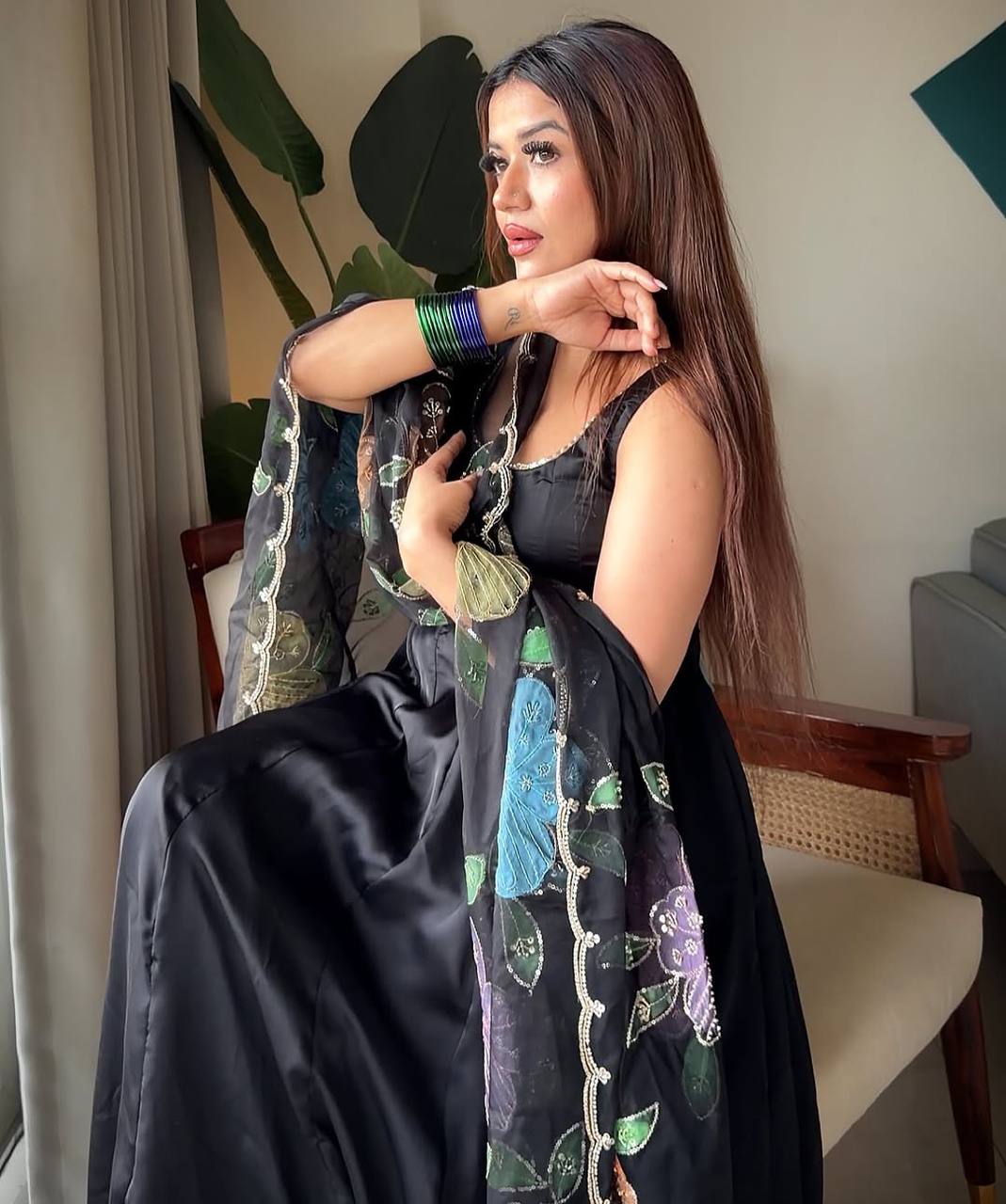Classic Black Flared Anarkali with Brush Printed Tabby silk Dupatta