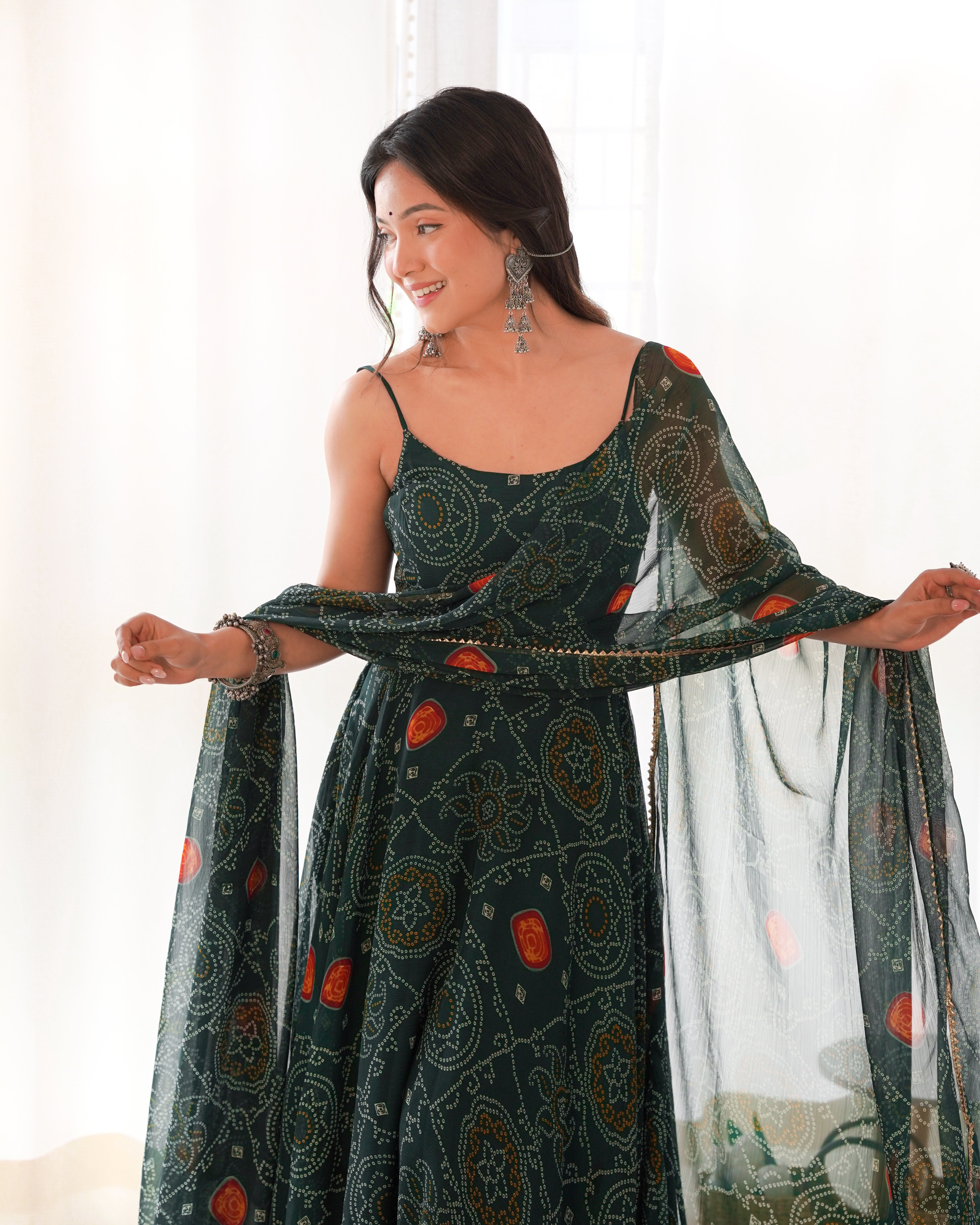 Lizza Green Bandhani Floral Pure Chiffon Anarkali Gown