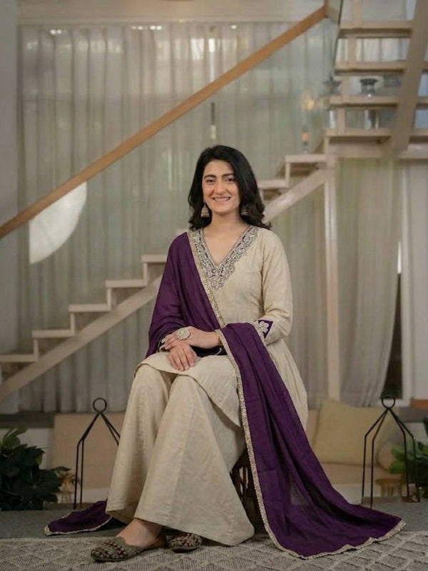 Aarini Embroidered Kurta Palazzo Suit Set with Purple Dupatta