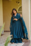 Designer Peacock Teal Embroidered Anarkali Kurta Palazzo Set