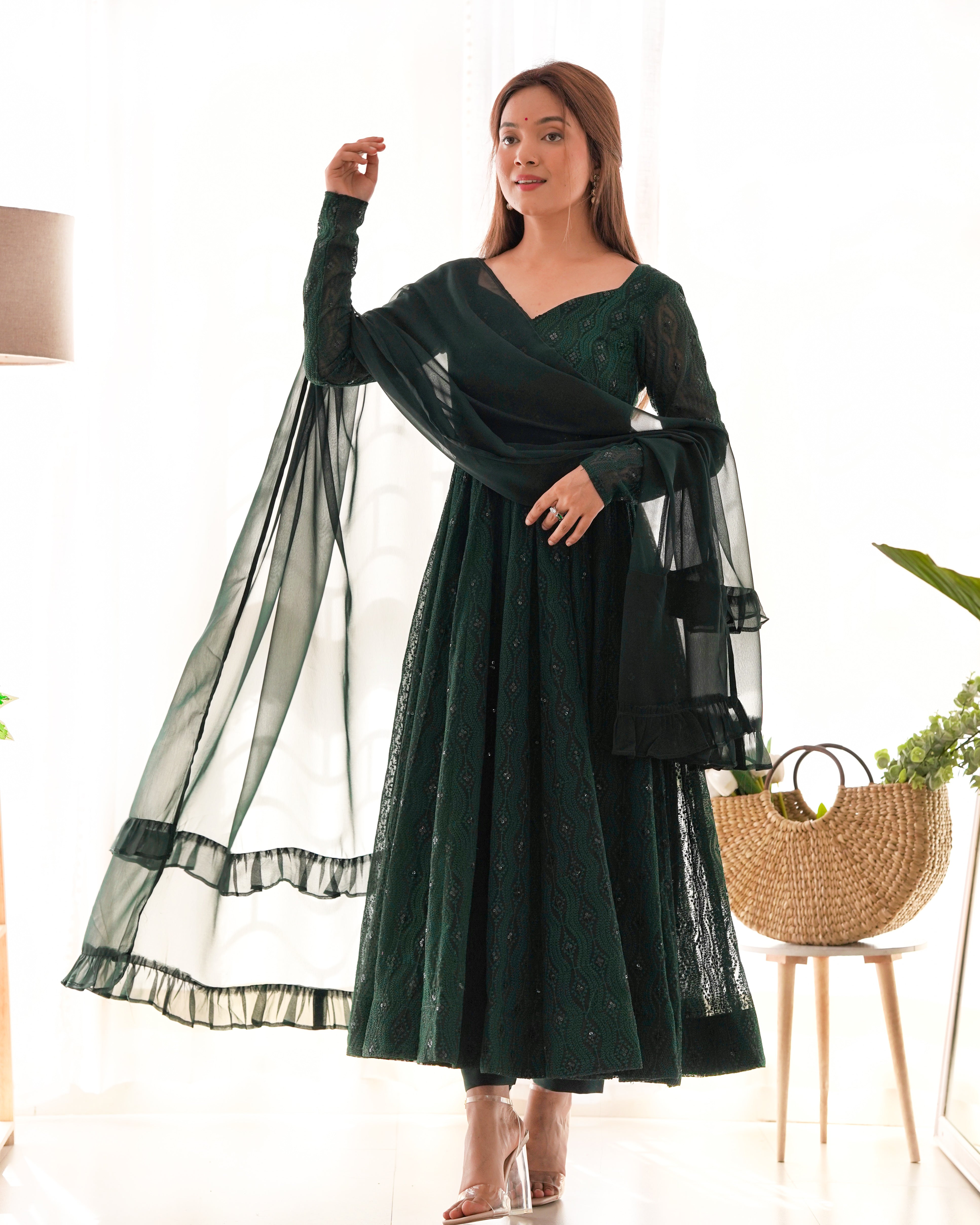Green Embroidered Georgette Suit Set