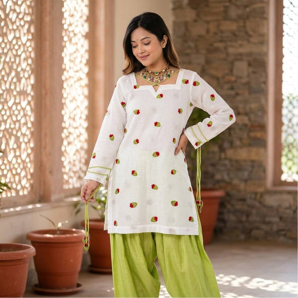 Kiara White & Lime Green Embroidered Kurta Pant Set with Dupatta