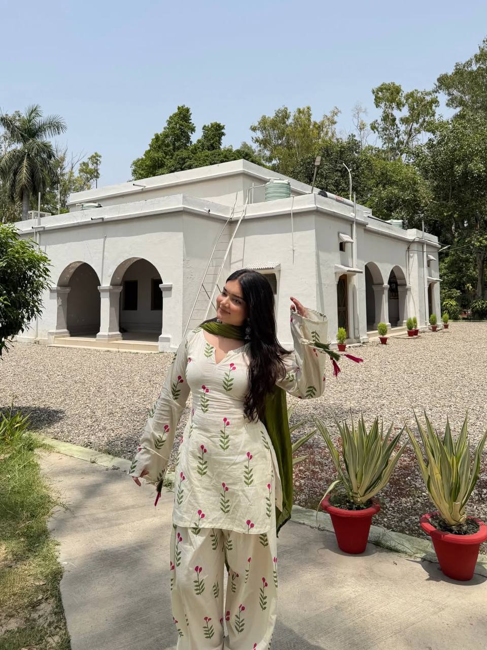 Ivory Floral Kurta Palazzo Set with Olive Green Dupatta