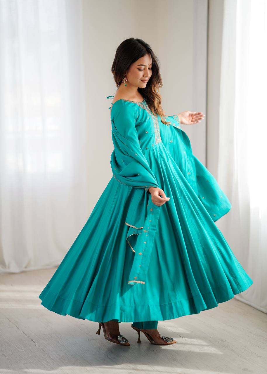 Swity Trending Rama Pure Roman Chanderi Silk Anarkali Gown
