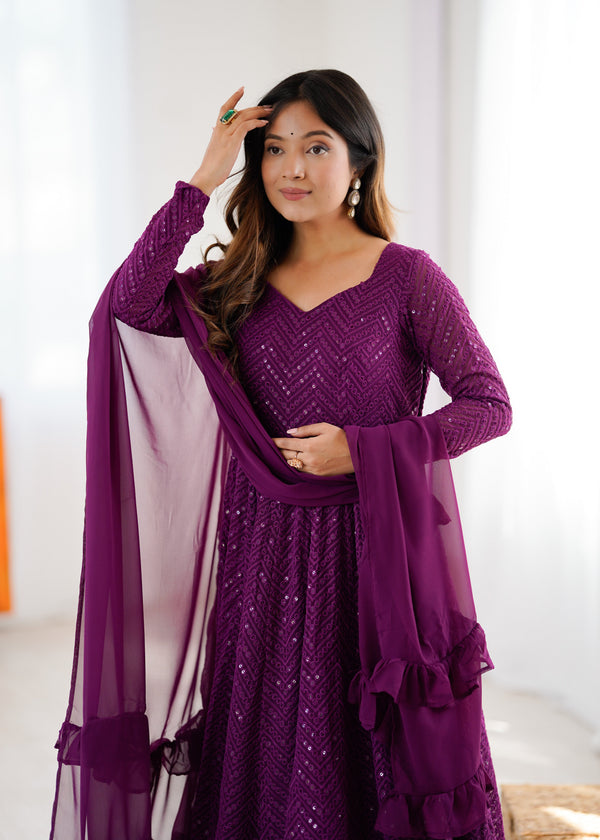 Wine Embroidery Heavy Fox Georgette Anarkali Gown