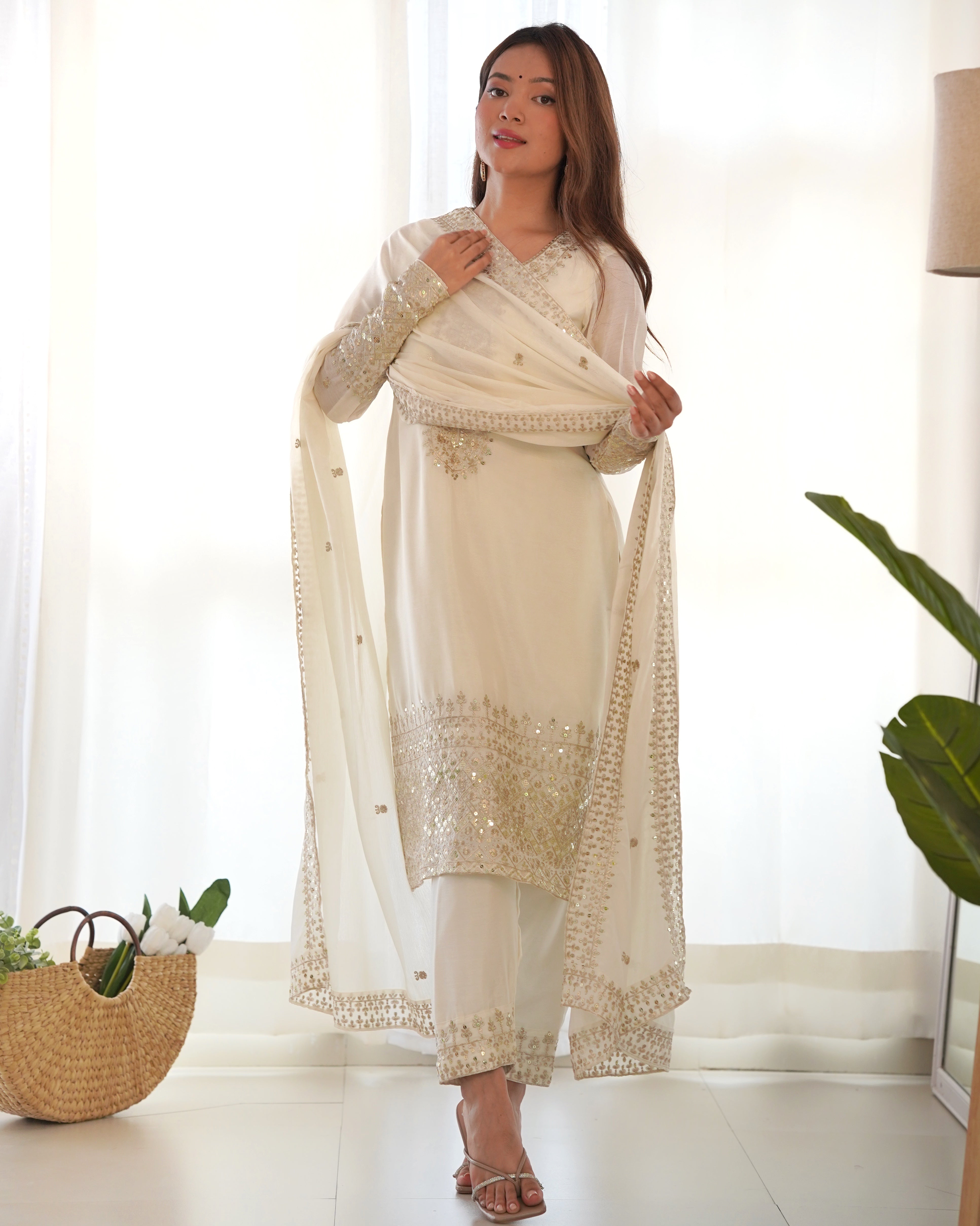 White Designer Embroidery Pure Organza Anarkali Gown