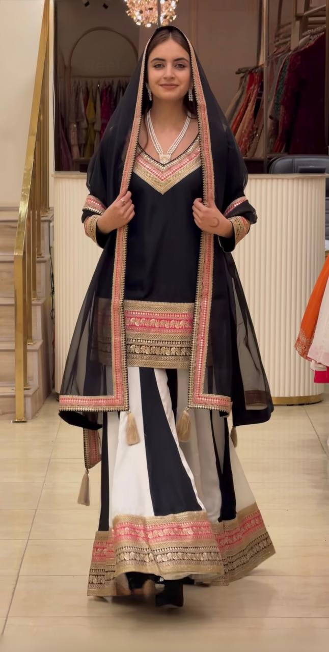 Black Embroidered Kurta Sharara Set with Natural Silk Dupatta