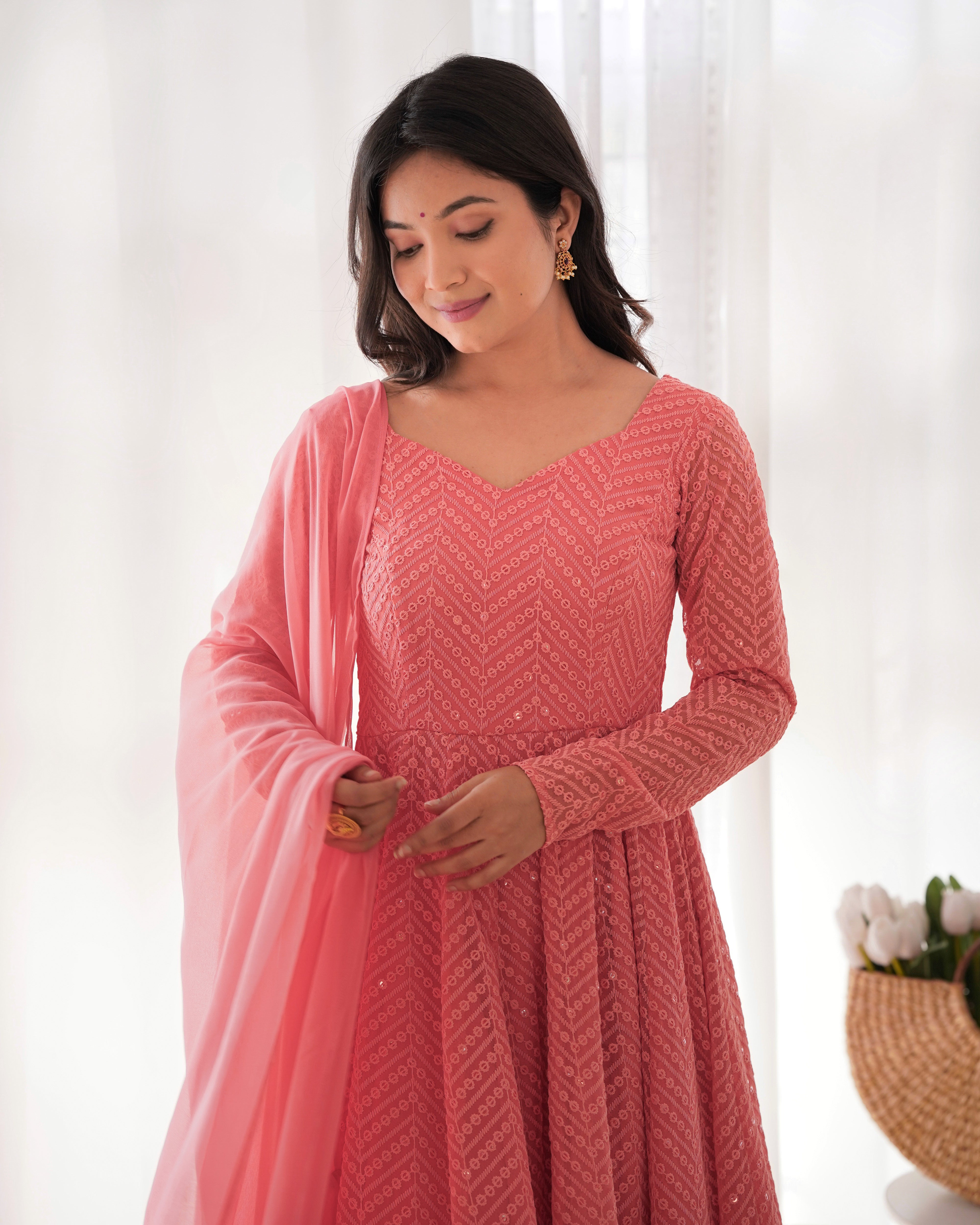 Peach Embroidery Heavy Fox Georgette Anarkali Gown
