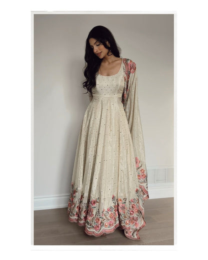 Aarushi's Vichitra Silk White Embroidered Suit Set