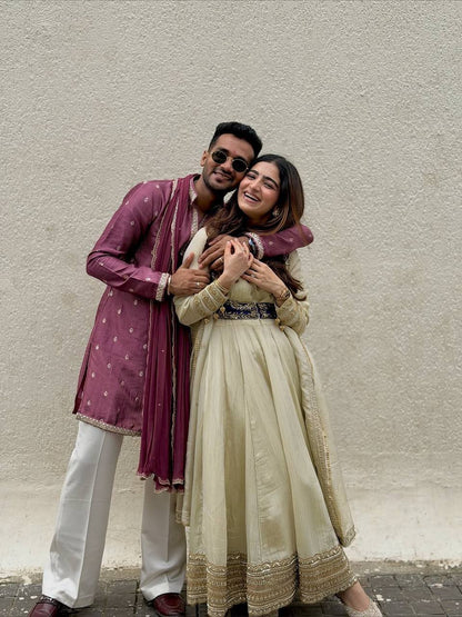 Nivya Off White Designer Embroidered Koti With Suit Set