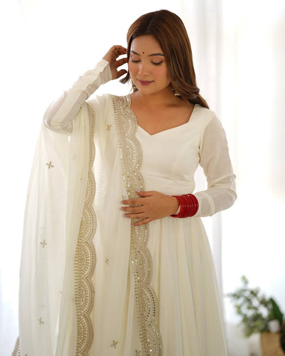 Divine Off White Colored Heavy Roman Silk Chanderi Anarkali Gown