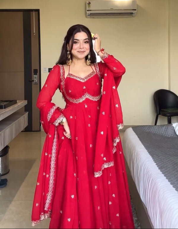 Red Chilli Slit Anarkali Premium Suit Set