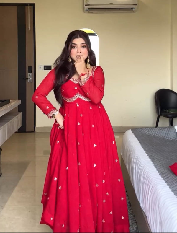 Red Chilli Slit Anarkali Premium Suit Set